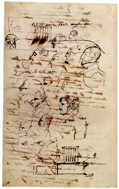 Рисунок Пушкина с изображениями виселицы с казненными декабристами